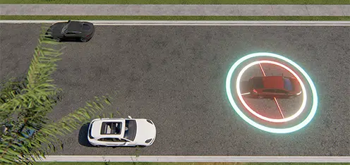 Auto rojo con representación gráfica de conduccion autonoma en una vía.